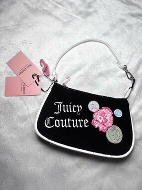 Juicy Couture Y2K Black Shoulder Bag with Pink, Green and White Patch Details